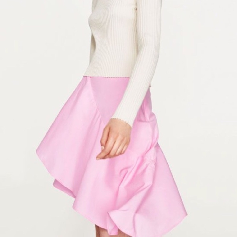 Zara Asymmetric Ruffled Cotton Pink Skirt